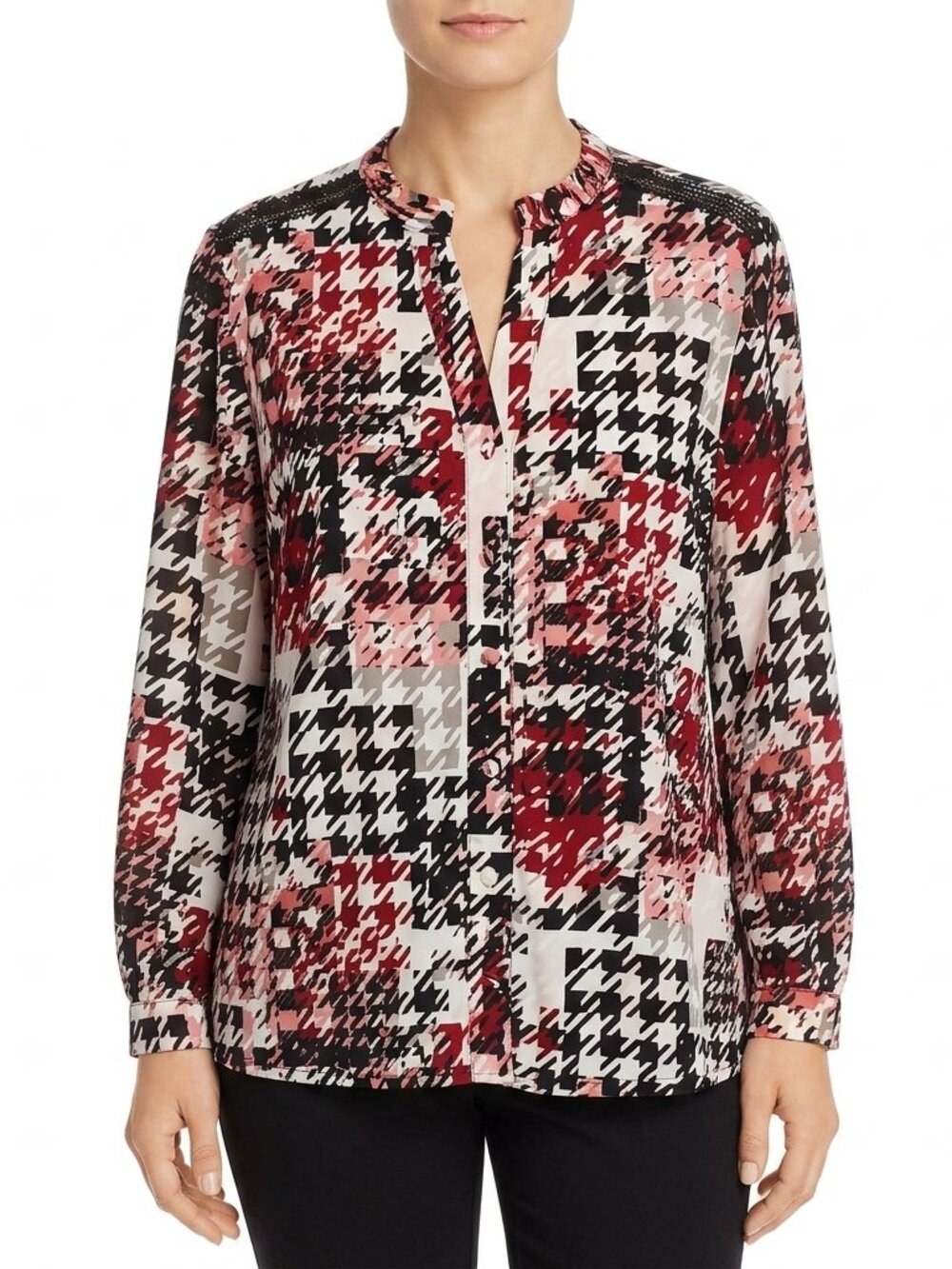 Karl Lagerfeld Mandarin Collar Abstract Print Button Front Blouse- Sz. Med